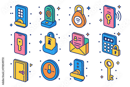 Smart Locks Icon Set. Colorful isometric vector icons set of Smart locks and access control: keypad door lock, biometric access panel, RFID tag, NFC door