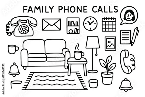 Family Call Essentials. Hand-drawn doodle illustration Family Phone Calls rotary phone, sofa, coffee table, lamp, bookshelf, envelope, clock, calendar,