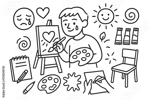 Artistic Emotion Doodle. Hand-drawn doodle illustration A person expressing their emotions through art, painting or drawing on a canvas easel,