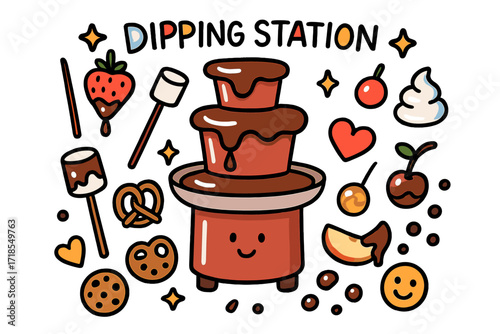 Chocolate Dipping Fun. Colorful Hand-drawn doodle Children illustration Dipping station chocolate fountain, skewer, strawberry, marshmallow, banana, pretzel,