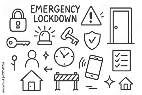 Emergency Lockdown Doodles. Hand-drawn doodle illustration Emergency lockdown [lock, siren, alert triangle, door, key, clock, phone, shield, checklist, people