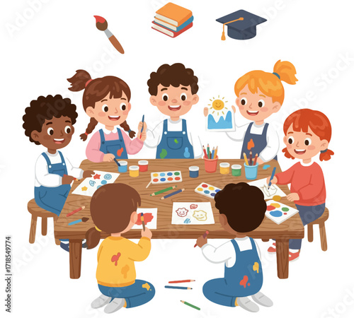 Creative Classroom Activity with Happy Kids Vector Cartoon