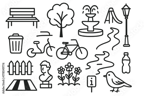 Urban Park Doodle. Hand-drawn doodle illustration Public space design park bench, tree, fountain, playground, streetlamp, trash bin, walking path, bike,