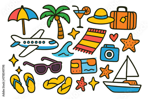 Tropical Vacation Doodles. Colorful Hand-drawn doodle Children illustration Luxury vacation beach umbrella, palm tree, cocktail glass, sun hat, suitcase,