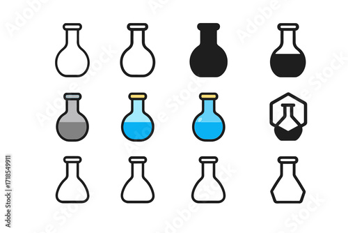 Colorful Flask Logo Set. Set Logo of Flasks: Flat-bottom volumetric flask. Logo set in vector style, emblematic variations. line, bold thick line, solid black