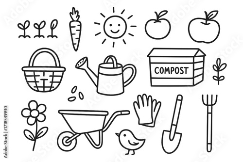 Organic Gardening Icons. Hand-drawn doodle illustration organic gardening sprouts, carrot, tomato, apple, basket, compost bin, watering can, gloves, shovel,