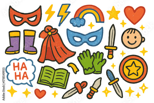 Heroic Doodle Adventure. Colorful Hand-drawn doodle Children illustration Villain and Hero Cosplay mask, cape, boots, gloves, sword, shield, lightning bolt,