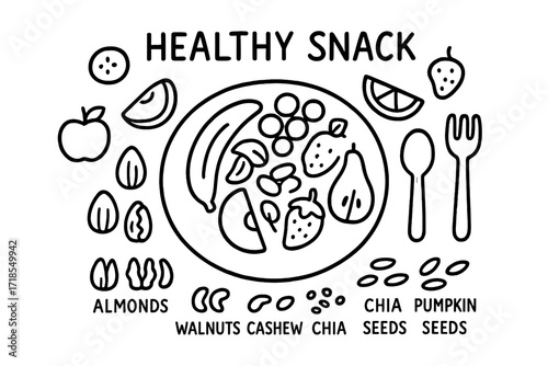Healthy Snack Doodle. Hand-drawn doodle illustration a healthy snack plate with nuts, fruits, and seeds plate, apple slice, banana slice, grapes, orange wedge,