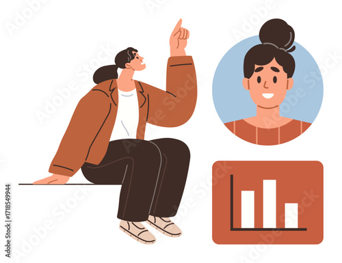 Seated woman gestures with raised finger, profile image portrait displayed, bar chart indicating data trends. Ideal for teamwork, networking, presentation, analytics, education, collaboration
