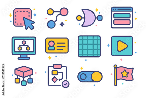 Isometric Workflow Icons Set. Colorful isometric vector icons set of visual workflow design tools: drag-and-drop node, connector lines, logic gate icon, step