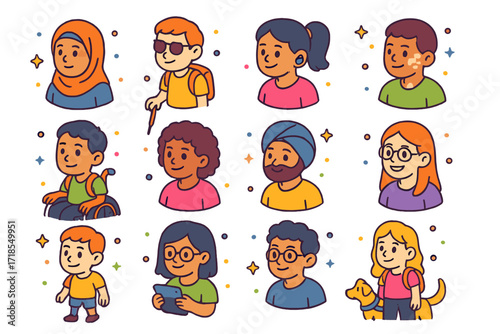 Diverse Student Expressions. Colorful isometric vector icons set of Diverse student expressions: student in hijab, student with cane, student with hearing aid,