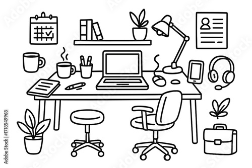 Modern Workspace Doodle. Hand-drawn doodle illustration Modern workspace [desk, swivel chair, laptop, notepad, coffee cup, pen holder, lamp, calendar, shelf,