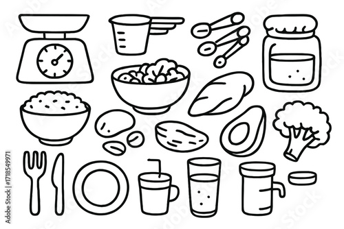 Portion Control Tools. Hand-drawn doodle illustration Portion control food scale, measuring cups, measuring spoons, rice bowl, salad bowl, chicken breast,
