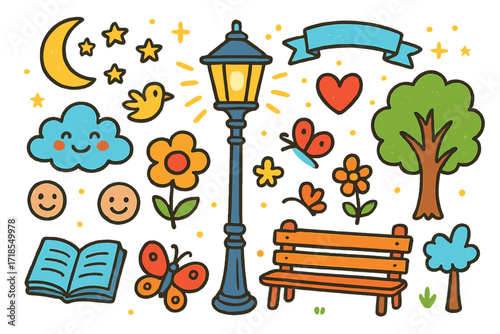 Whimsical Night Scene. Colorful Hand-drawn doodle Children illustration Lamp Post street lamp, glowing light, moon, stars, sparkles, heart, smiling faces,