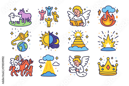 Biblical Judgment Icons. Colorful isometric vector icons set of biblical scenes of judgment: separation of sheep and goats, rising souls, angels opening books,