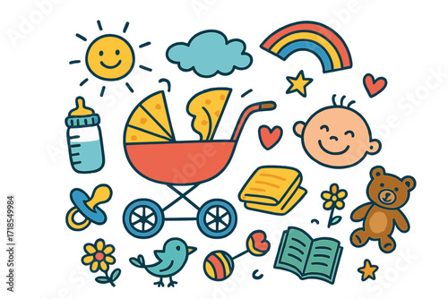 Playful Baby Stroller Doodles. Colorful Hand-drawn doodle Children illustration Stroller Walk [stroller, baby bottle, pacifier, blanket, teddy bear, sun,