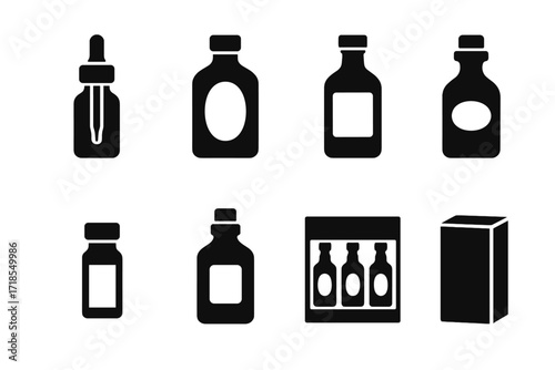 Bitters Bottle Icons. Solid, filled icon set of bitters bottles and packaging: dropper bottle, glass bottle, label design, screw cap, cork stopper, small vial,