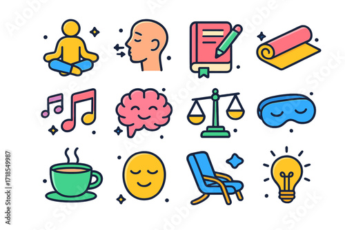 Emotion Regulation Icons. Emotion Regulation. Colorful isometric vector icons set of Emotion Regulation: meditation pose, deep breathing icon, journaling book,