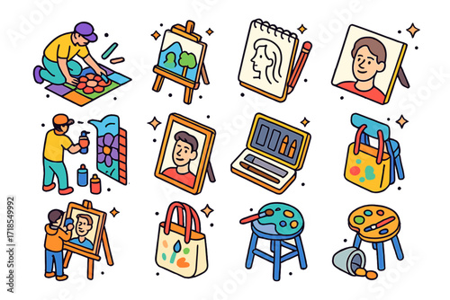 Isometric Street Art Icons. Colorful isometric vector icons set of visual art street performers: chalk art on pavement, portable easel, sketch pad, street