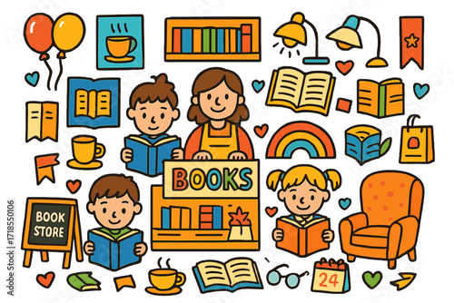 Whimsical Bookshop Scene. Colorful Hand-drawn doodle Children illustration Pop-up display in bookstore book stand, posters, open books, reading glasses, cozy