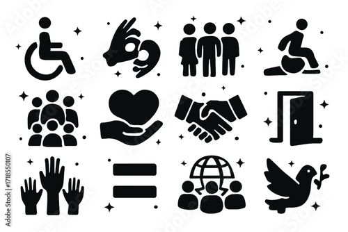 Inclusive Icon Set. Inclusion. Solid icons set of wheelchair symbol, sign language hand, diverse people, accessible ramp, inclusive circle, support heart,