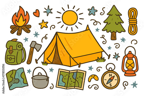 Colorful Camping Doodle. Camping. Colorful Hand-drawn doodle Children illustration tent, campfire, backpack, axe, pot, lantern, map, compass, tree, star, sun,