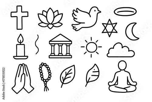 Symbols of Devotion. Hand-drawn doodle illustration [Symbols of faith and devotion] [cross, lotus flower, dove, halo, candle, temple, star, sun, moon, hands in