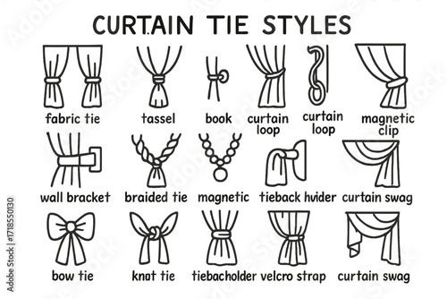 Curtain Tie Doodles. Hand-drawn doodle illustration [curtain tie styles] fabric tie, tassel, hook, curtain loop, wall bracket, braided rope, beaded tie,
