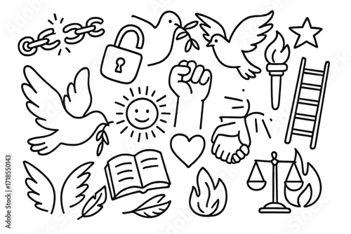 Icons of Liberation. Hand-drawn doodle illustration Freedom from oppression broken chains, open lock, dove, wings, star, torch, fist, sun, feather, ladder,