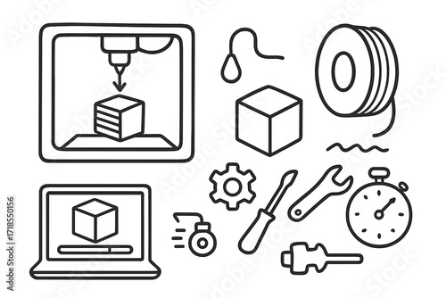 3D Printing Icons. Hand-drawn doodle illustration 3D printing process printer, nozzle, layer lines, filament spool, cube, bed plate, arrow, droplet, computer,