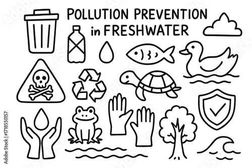 Freshwater Pollution Symbols. Hand-drawn doodle illustration Pollution prevention in freshwater [trash bin, bottle with cross mark, droplet, fish, turtle,
