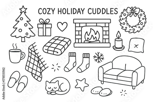 Cozy Holiday Doodles. Hand-drawn doodle illustration Cozy holiday cuddles [Christmas tree, gift box, fireplace, mug, blanket, heart, socks, snowflake, candle,