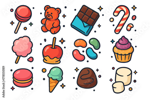 Colorful Sweet Icons. Sweet treats. Colorful isometric vector icons set of sweet treats: lollipop, gummy bear, chocolate bar, candy cane, cotton candy, caramel