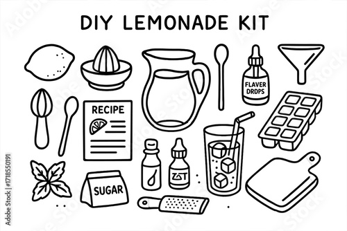 DIY Lemonade Essentials. Hand-drawn doodle illustration DIY Lemonade Kit lemon, juicer, pitcher, spoon, recipe card, glass, straw, sugar pack, cutting board,