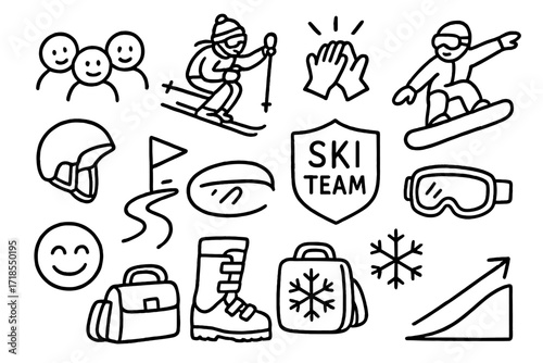 Ski Team Spirit. Hand-drawn doodle illustration [Ski and snowboard team spirit] [group icon, skier, snowboarder, high five, helmet, trail, flag, team badge,