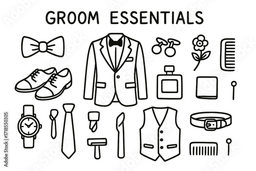 Groom Essentials Icons. Hand-drawn doodle illustration Groom Essentials bow tie, tuxedo, cufflinks, shoes, boutonniere, comb, wristwatch, tie, cologne bottle,