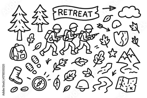 Forest Retreat Doodle. Hand-drawn doodle illustration Retreat through forest soldier figures, trees, leaves, backpack, helmet, broken shield, boot prints,