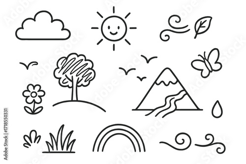 Nature Doodle Icons. Hand-drawn doodle illustration Cloud in Nature tree, hill, fluffy cloud, mountain, river, sun, wind gust, birds flying, butterfly, flower,