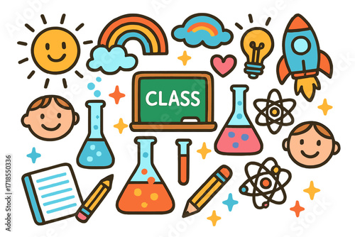 Playful Classroom Doodles. Colorful Hand-drawn doodle Children illustration Classroom Chemistry chalkboard, beaker, flask, test tube, notebook, pencil, sun,