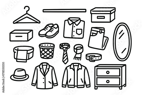 Closet Organization Icons. Hand-drawn doodle illustration Closet organization hanger, shelf, box, shoes, folded shirt, pants, basket, tie, scarf, belt, hat,
