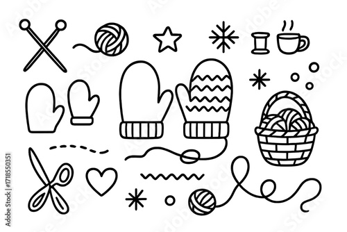 Knitted Mittens Doodle. Hand-drawn doodle illustration Knitted mittens [knitting needles, yarn ball, wool thread, mitten outline, zigzag pattern, star,