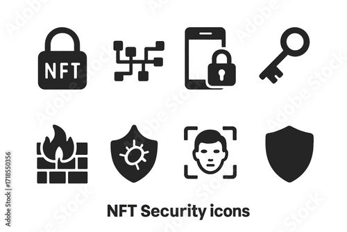NFT Security Icons. Solid, filled icon set of NFT security: padlock, encryption, two-factor authentication, secure key, firewall, antivirus shield, biometric