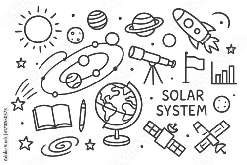 Solar System Doodle. Hand-drawn doodle illustration educational solar system globe, sun, planets, moon, orbit line, book, pencil, telescope, rocket, satellite,