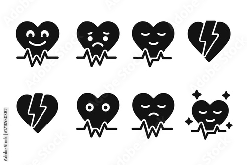 Pulse Emotion Icons. Solid, filled icon set of pulse emotions and moods: excitement, anxiety, calm, energy, alertness, focus, stress, relaxation. Solid, filled