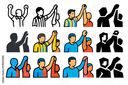 Fighter Victory Logos. Set Logo of Fighter Victory: referee raising arm. Logo set in vector style, emblematic variations. line, bold thick line, solid black