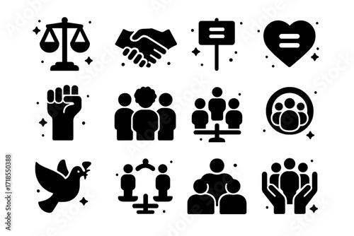 Equality Icon Set. Social Equality. Solid icons set of justice scale, handshake, equality symbol, protest sign, raised fist, diverse group, heart with equal