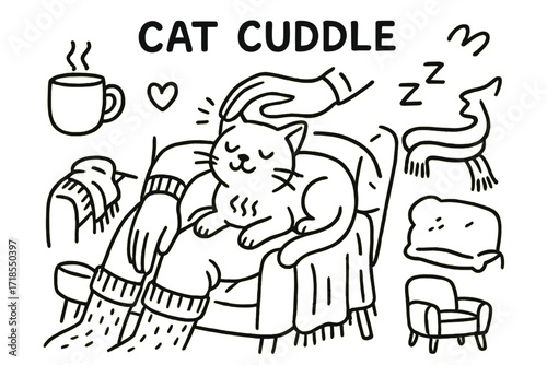 Cat Cuddle Moments. Hand-drawn doodle illustration [Cat cuddle moments] [cat on lap, stroking hand, soft cushion, tea mug, relaxed cat face, eyes closed, ear