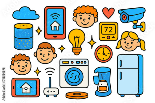 Smart Home Doodle Fun. Colorful Hand-drawn doodle Children illustration Smart Home Devices smart speaker, smartphone, tablet, wifi router, light