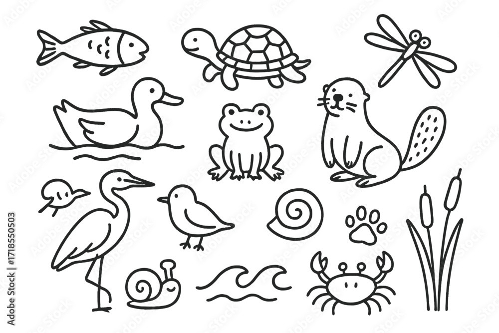 Fototapeta premium River Wildlife Doodles. Hand-drawn doodle illustration River wildlife fish, turtle, duck, frog, dragonfly, beaver, otter, snail, heron, bird, paw print, shell,
