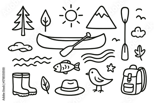 Riverside Adventure Icons. Hand-drawn doodle illustration exploring rivers canoe, paddle, river, fish, waves, tree, mountain, sun, cloud, star, boots, hat,